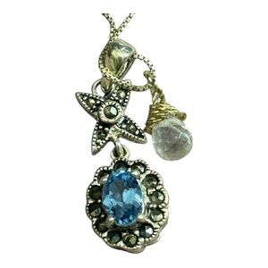 Vintage 925 Sterling Silver Blue Topaz with Marcasite Pendant Necklace 18”